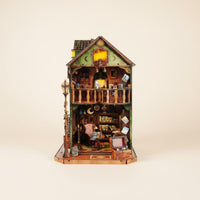 Miniature Library Book Alcove LED Lights Wooden Miniature House set Inviting Atmosphere Display 3D Puzzle House Model for Bookshelf, Desk