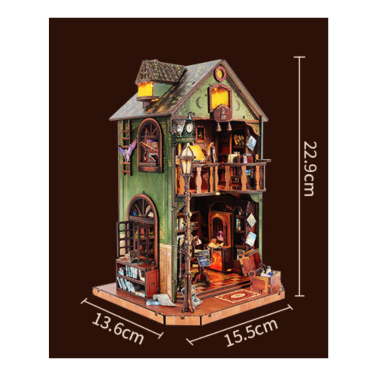 Miniature Library Book Alcove LED Lights Wooden Miniature House set Inviting Atmosphere Display 3D Puzzle House Model for Bookshelf, Desk
