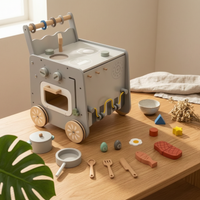 Wooden Play Kitchen Cart Pretend Cooktop Top Rolling Play Kitchen Cart Sink Area for Young Children