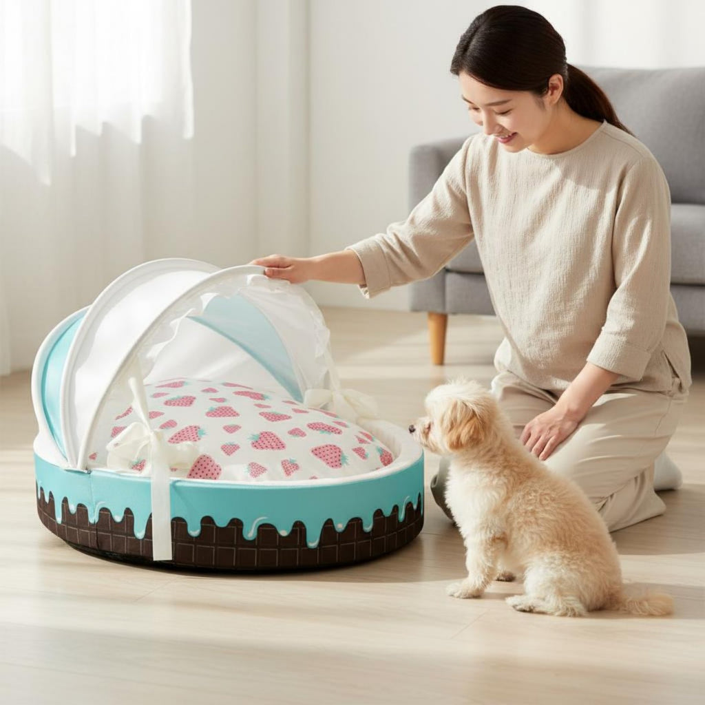 Ice Cream Pet Bed Reversible Cushion Round Feline Dog Bed for Young Dogs