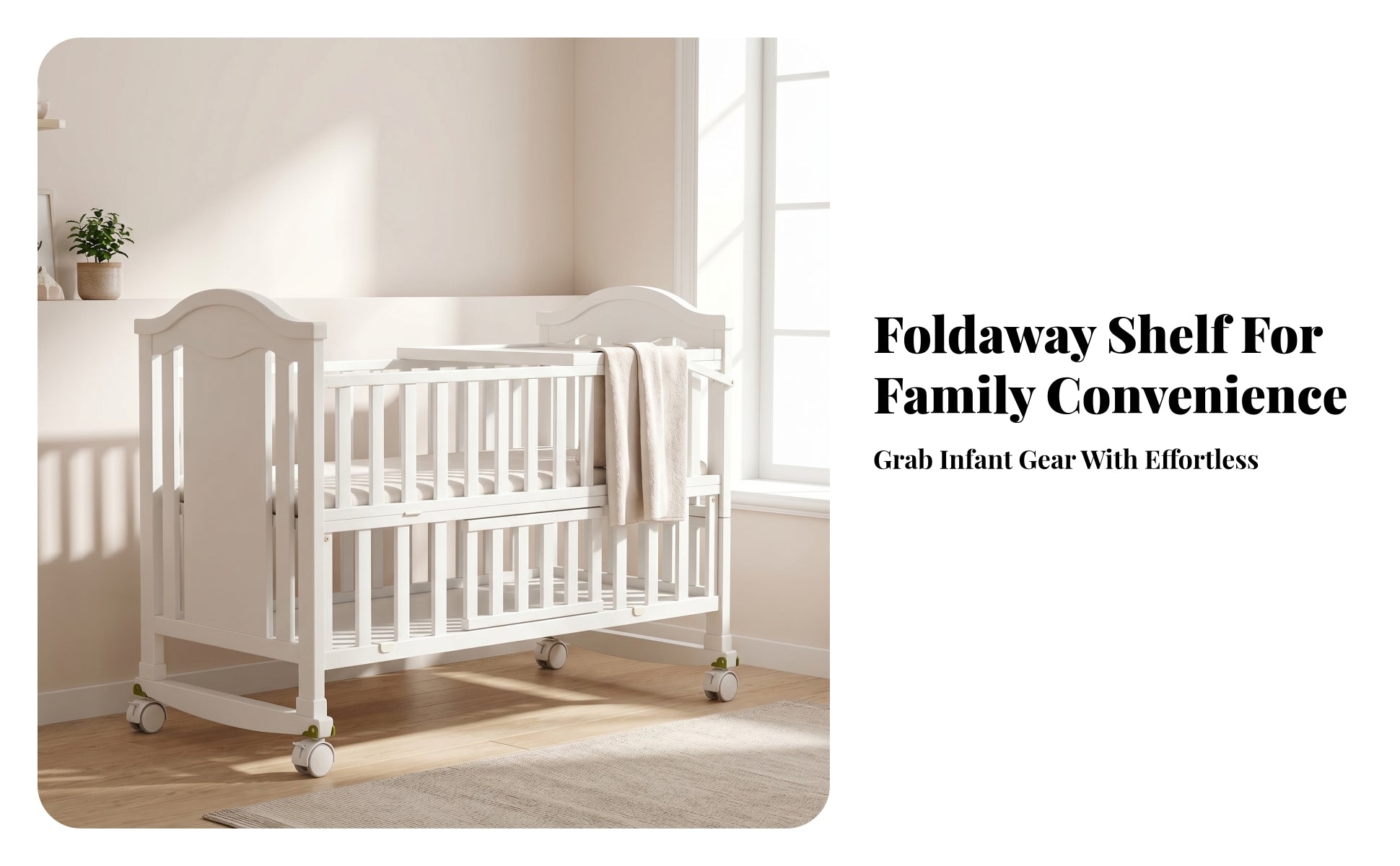 White Wooden Baby Crib Wheeled Crib on Wheels Mattress Included Nursery Bed Curved