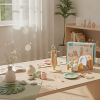 Wooden Dinnerware Set Pastel Painted Play Tableware Set Smooth Rounded Edges Wooden Kitchen Accessories for Kids