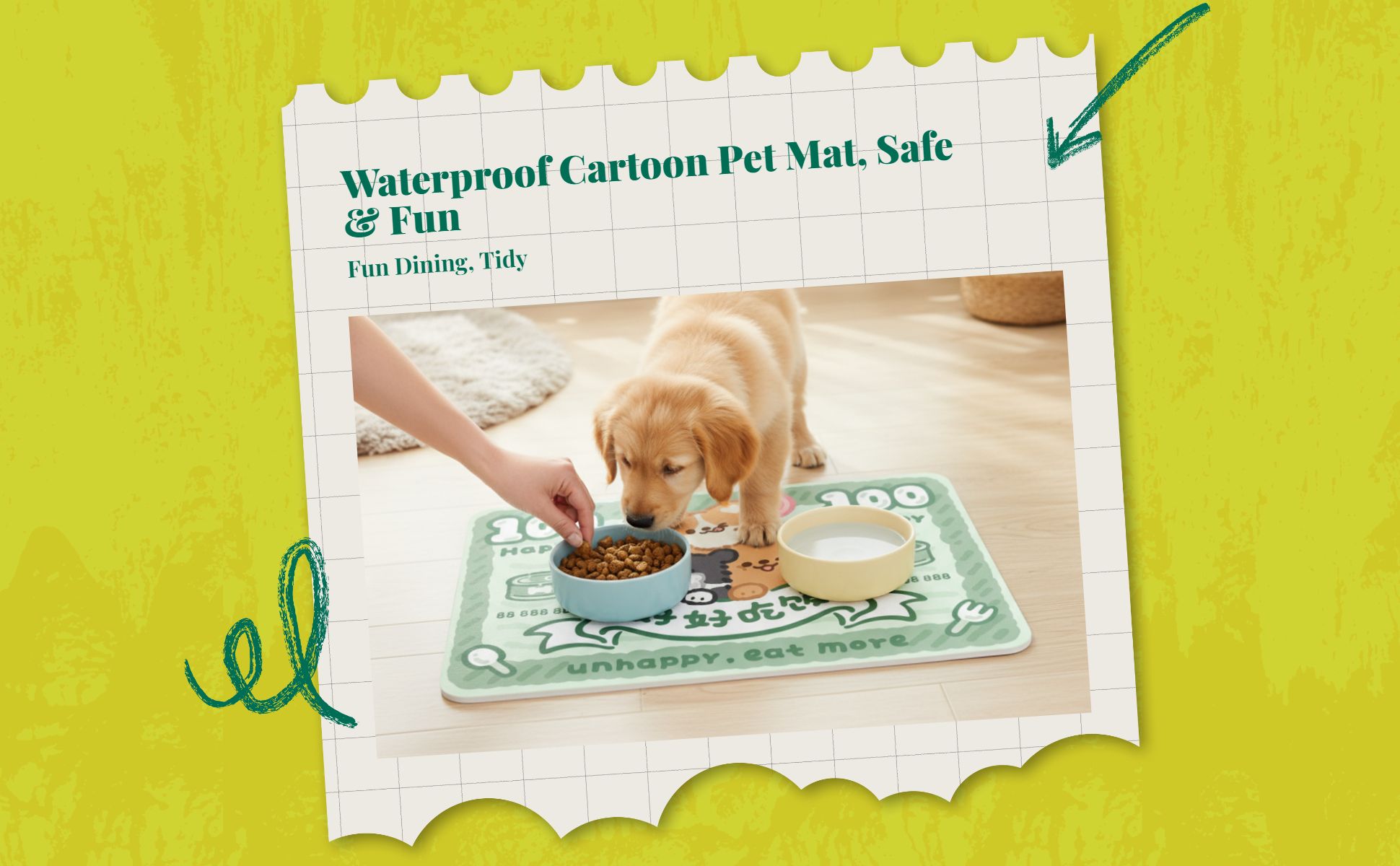 Pet Feeding Mat, Waterproof Cat Placemat, Non-Slip Dog Table Mat, Easy to Clean, Cartoon Print