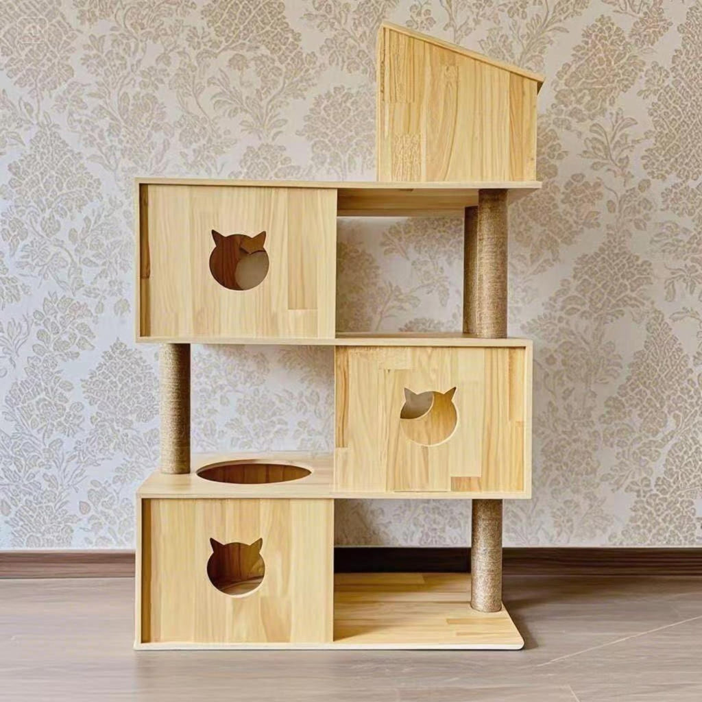 Wood cat tree with condo