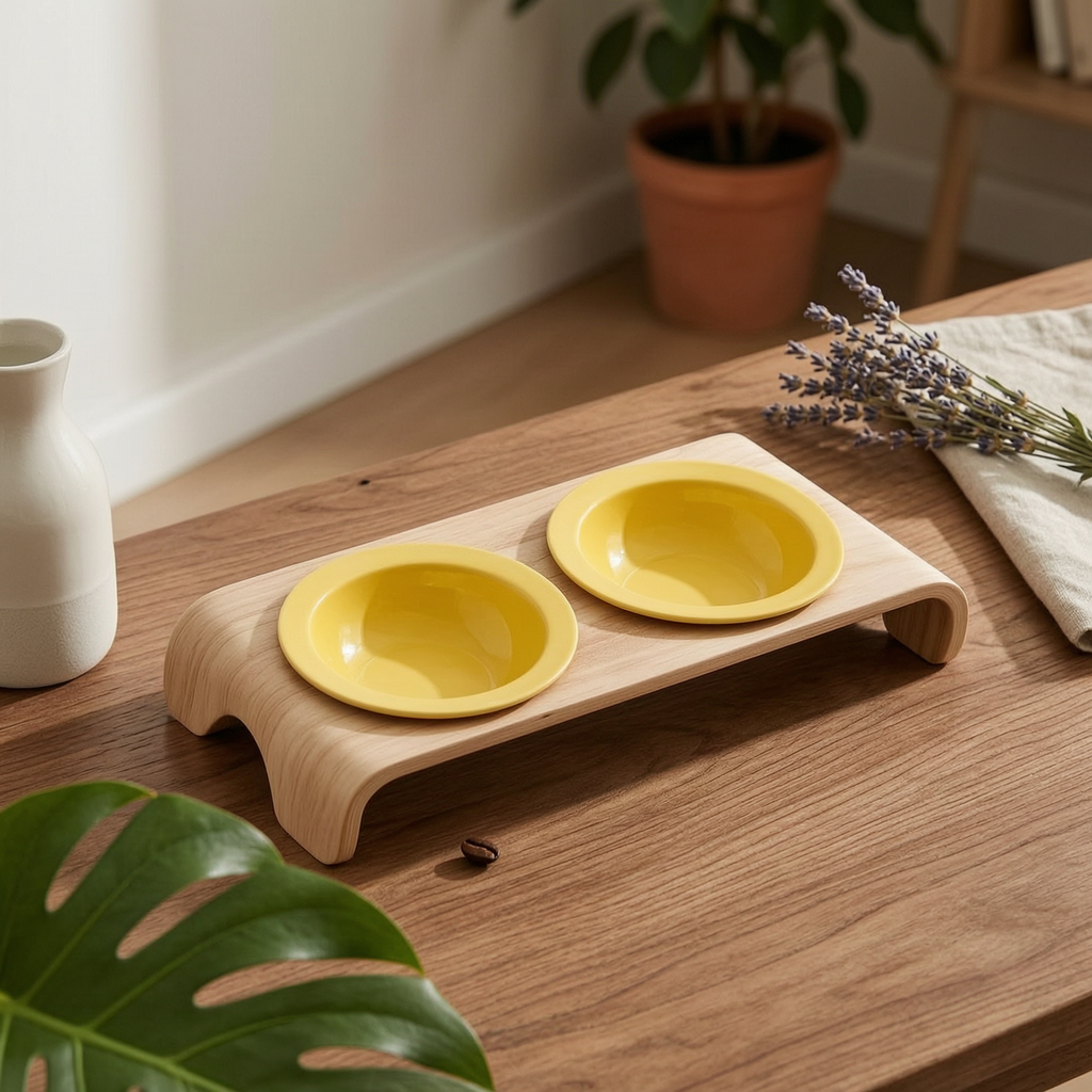 Raised Double Feline Bowl Arched Legs Wooden Feline Bowl Stand 150 Ml Capacity