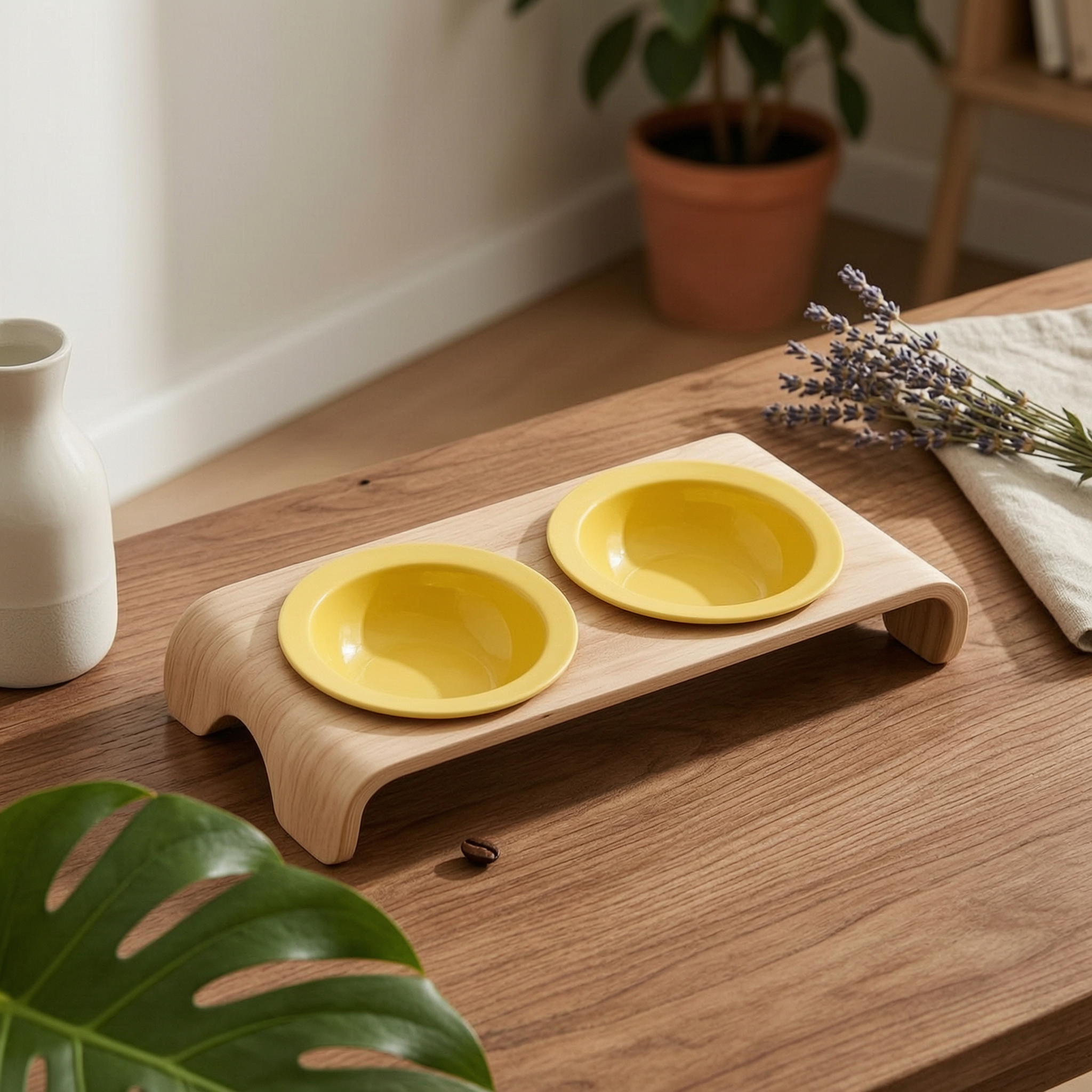 Raised Double Feline Bowl Arched Legs Wooden Feline Bowl Stand 150 Ml Capacity
