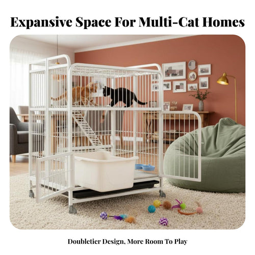 3-Tier Foldable Cat Kennel Integrated Litter Box Multi-Level Cat Crate Large Space Spacious Interior for Indoors, Home, Bedroom