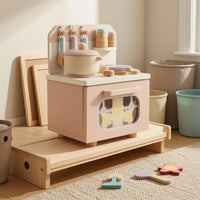 Wooden Play Kitchen Floral Window Mini Toy Cooker Compact for Playroom