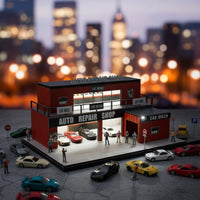 Lighted Parking Scene Model LED Lights Diecast Garage Model Realistic Details Miniature Auto Shop for Collectors