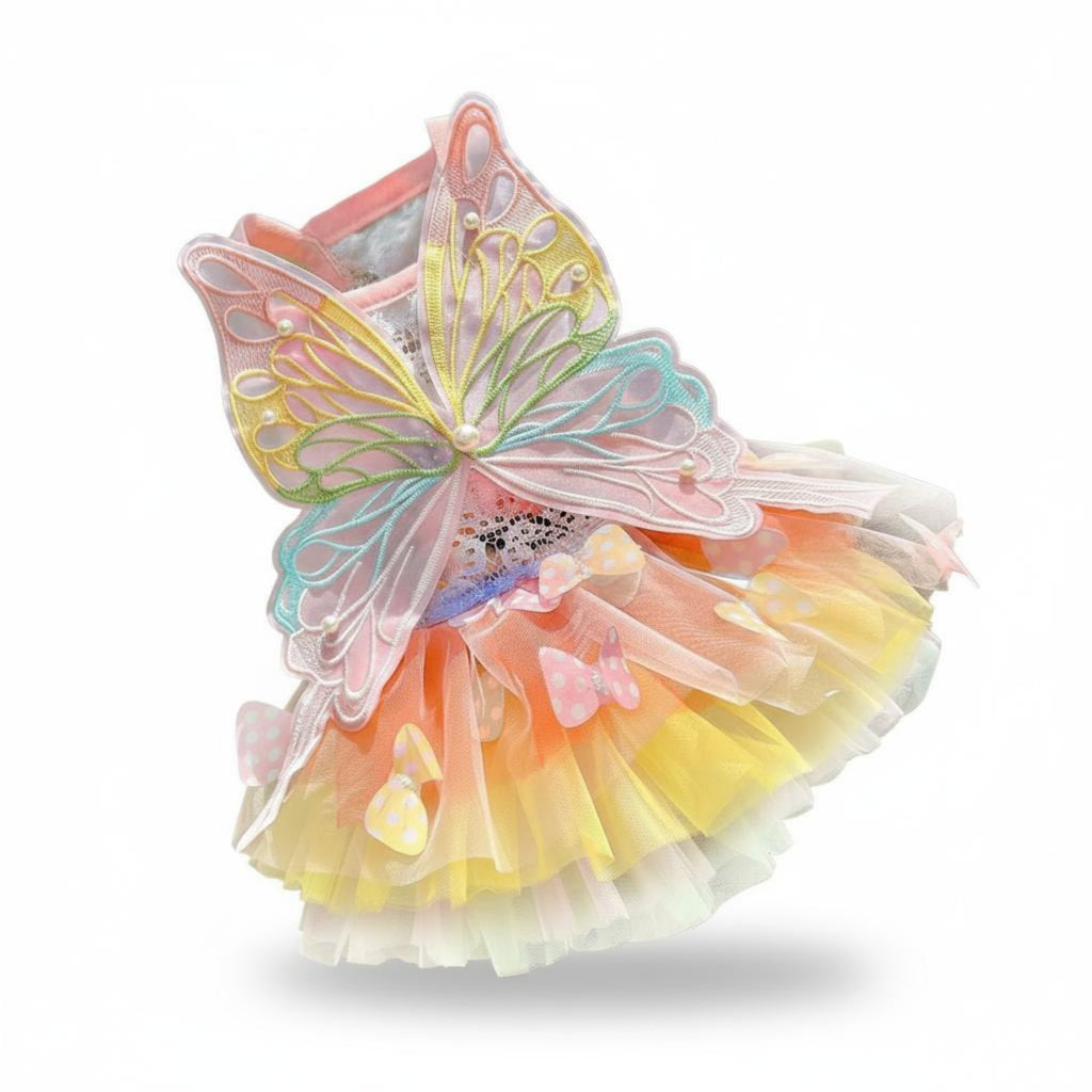 Rainbow Butterfly Pet Dress Pearl Embellished Summer Puppy Tutu for Small Dogs