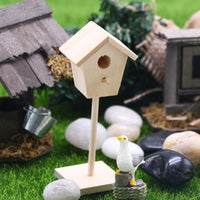 Mini Wooden Birdhouse Ornament Natural Wood Finish Miniature Birdhouse on Post