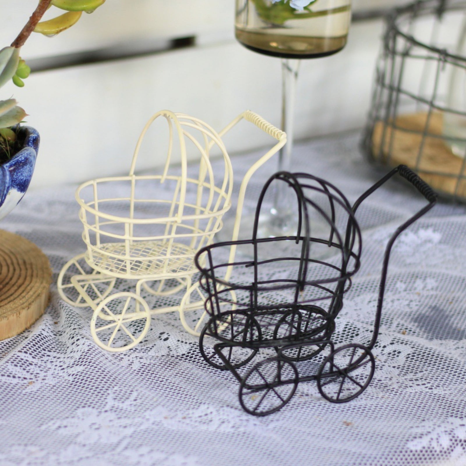 Wire Stroller Vehicle Uncovered Basket Display Piece Loop Handle for Garden
