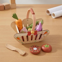 Pretend Fruit and Vegetable Basket Light Wood Finish Wooden Fruit Basket Toy Print for Children