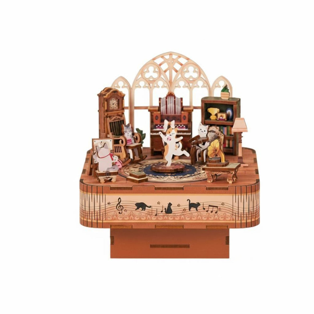 Cat Gathering Music Box, DIY 3D Wooden Model Kit, Rotatable Assembly Model