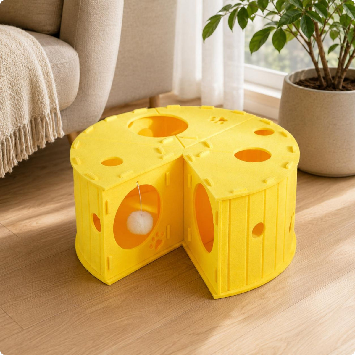 Cheese-Castle Tunnel Multiple Openings Felt Cat Yellow Interactive Cat Tunnel