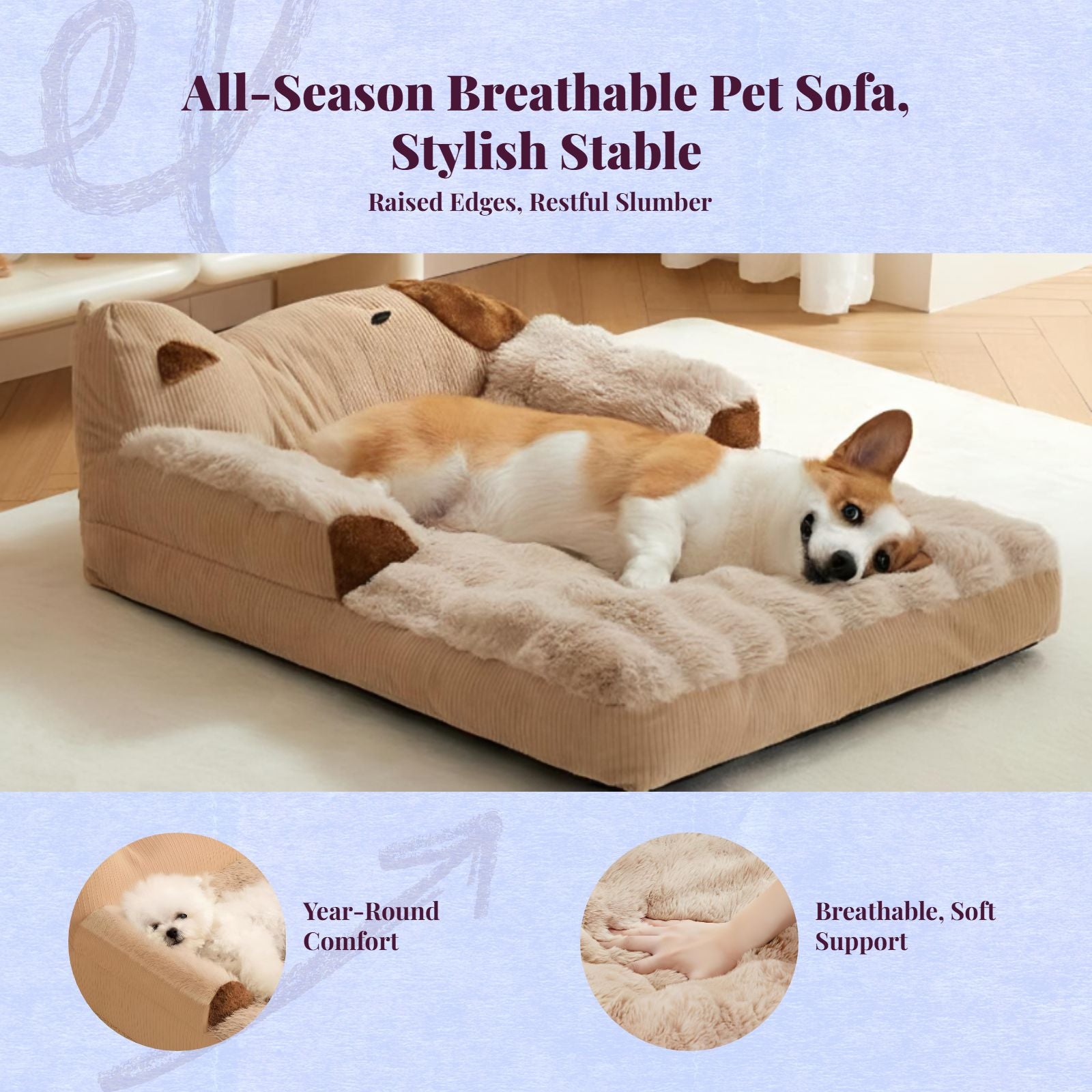 Dog Bed, Removable Cover, Calming Pet Sofa, Non-Slip, Warm