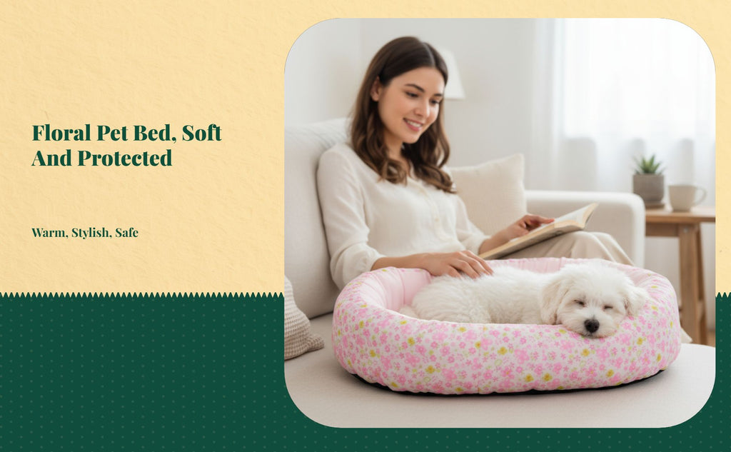 Plush Round Pet Bed, Auto-Warming, Floral Pattern