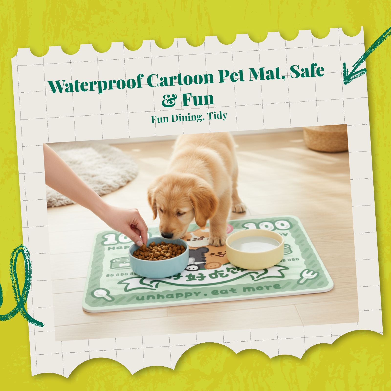 Pet Feeding Mat, Waterproof Cat Placemat, Non-Slip Dog Table Mat, Easy to Clean, Cartoon Print