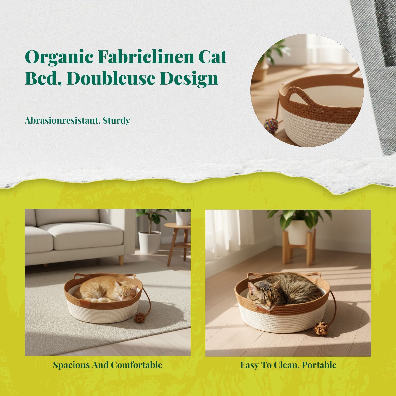 Cat Bed, Woven Basket, All-Season, Scuff-Resistant, Washable