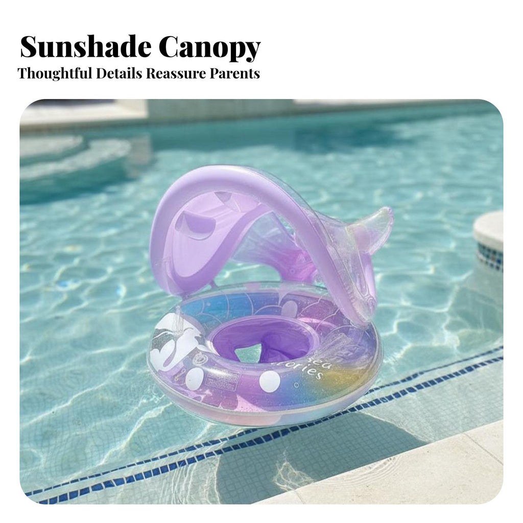 Sun Protection Baby Swim Buoy with Canopy Retro Aesthetic Sunshade Swimming Circle Color Block Design for Babies, Beach, Outdoor