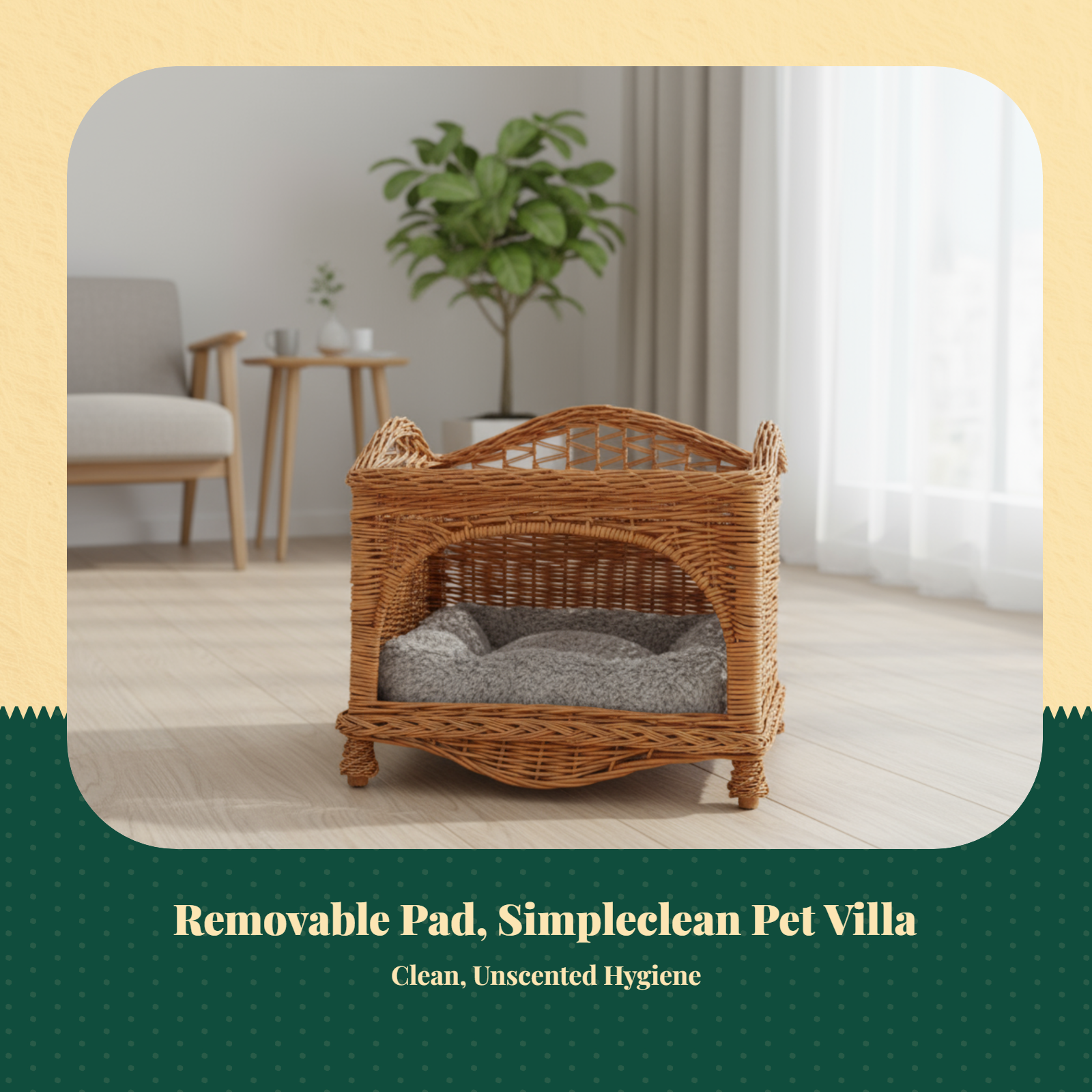 Wicker Cat Bed, 2-Tier Removable Pet House, Rattan Dog Bed