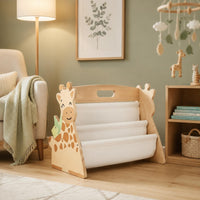 Giraffe Book Rack Natural Wood Finish Wooden Kids Bookshelf Cutout Side Panels