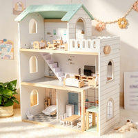 Multi Level Dollhouse Miniature Furniture Furnished Doll House Role Playing Wooden Play House for Children