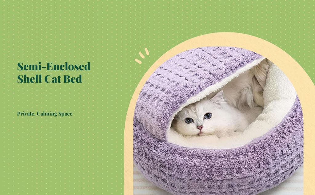 Plush semi-enclosed cat bed, warm, non-slip base, indoor use