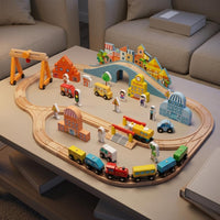 Electric Toy Train Set Educational Wood Train Track and Buildings Set Imaginative Play Wooden Railway Playset for Young Children, Playroom, Preschool