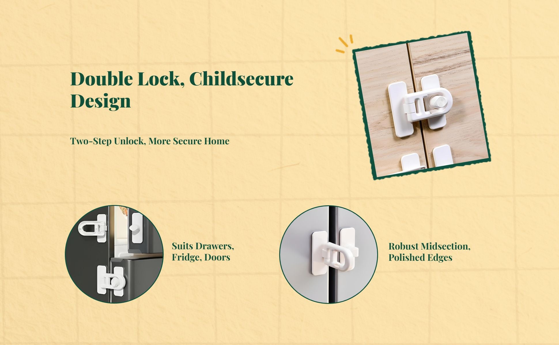 Infant Security Lock, Infant protected Cabinet Latch, Easy Installation, Drawer, Refrigerator, Door, Alabaster