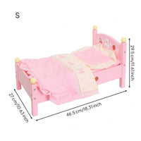 Pink Wooden Doll Bed Curved Headboard Pretend Play Bed Four-Post Small Furniture Strawberry and Rabbit Print for Children