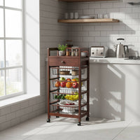 Wood Drawer Basket Trolley Open Frame Rolling Trolley with Drawer Brown Finish