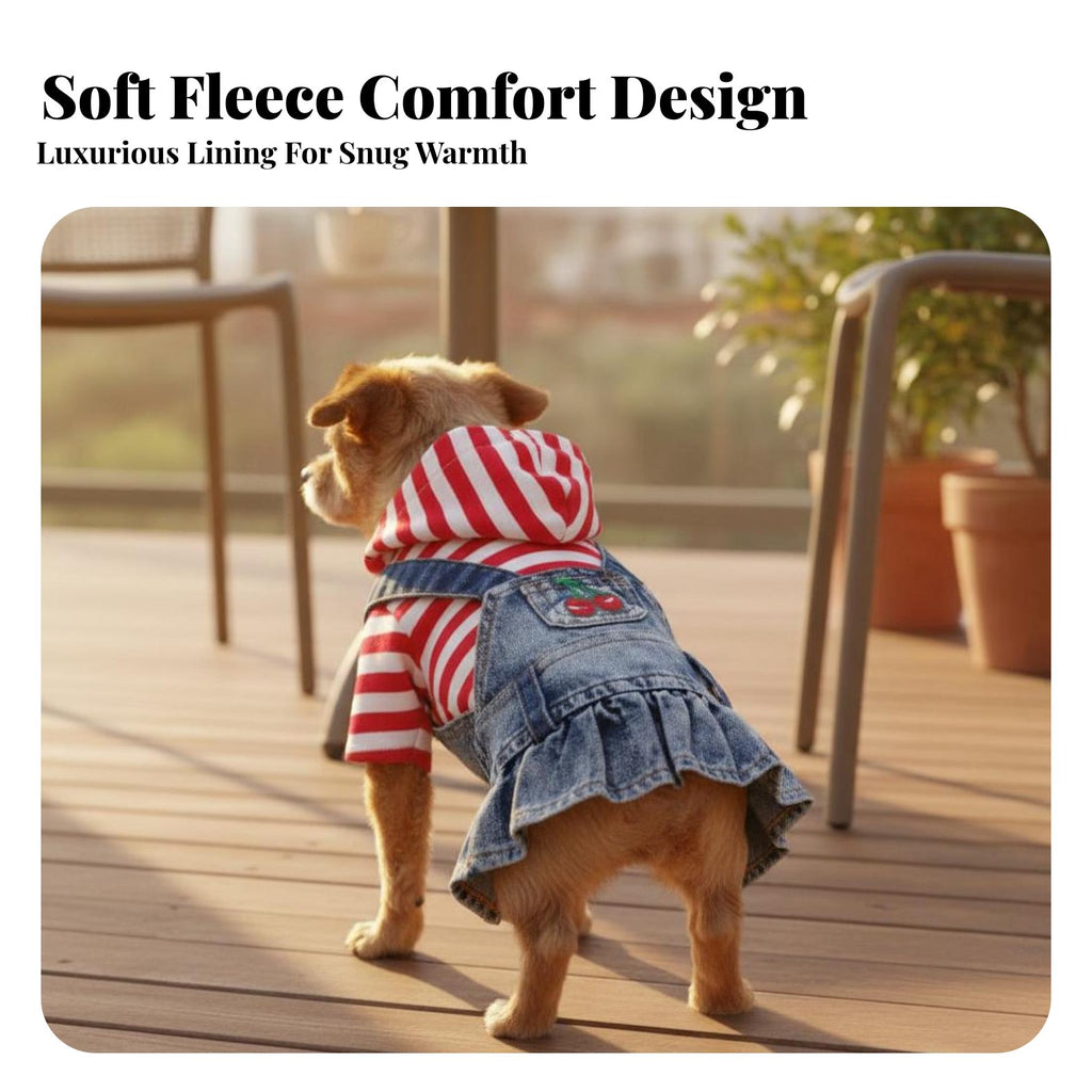 Ruffled Hem Denim Dog Dress Comfortable Fit Puppy Cherry Embroidered Skirt Layered Look for Dogs, Daily Wear, Special Occasions, Parties