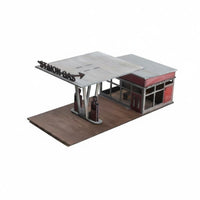 Wooden Gas Station Diorama Cutout Openings Miniature Scene Painted