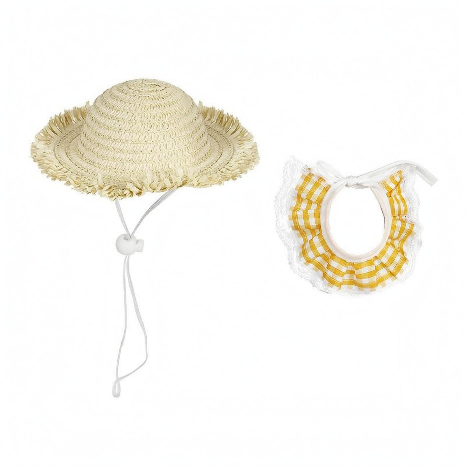 Pet Hat Set Wide Brim Woven Straw Collar Decorative