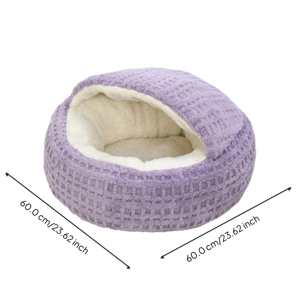Plush semi-enclosed cat bed, warm, non-slip base, indoor use