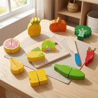 Wooden Fruit Cutting Set Slice-Apart Sliceable Play KitchenSet Brightly Painted Wooden Cutting Toy for Children
