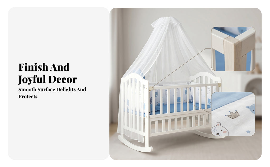 Bug Net Canopy Nursery Rocking Cradle Caster Wheels Rocking Cradle Padded Mattress for Babies, Toddlers