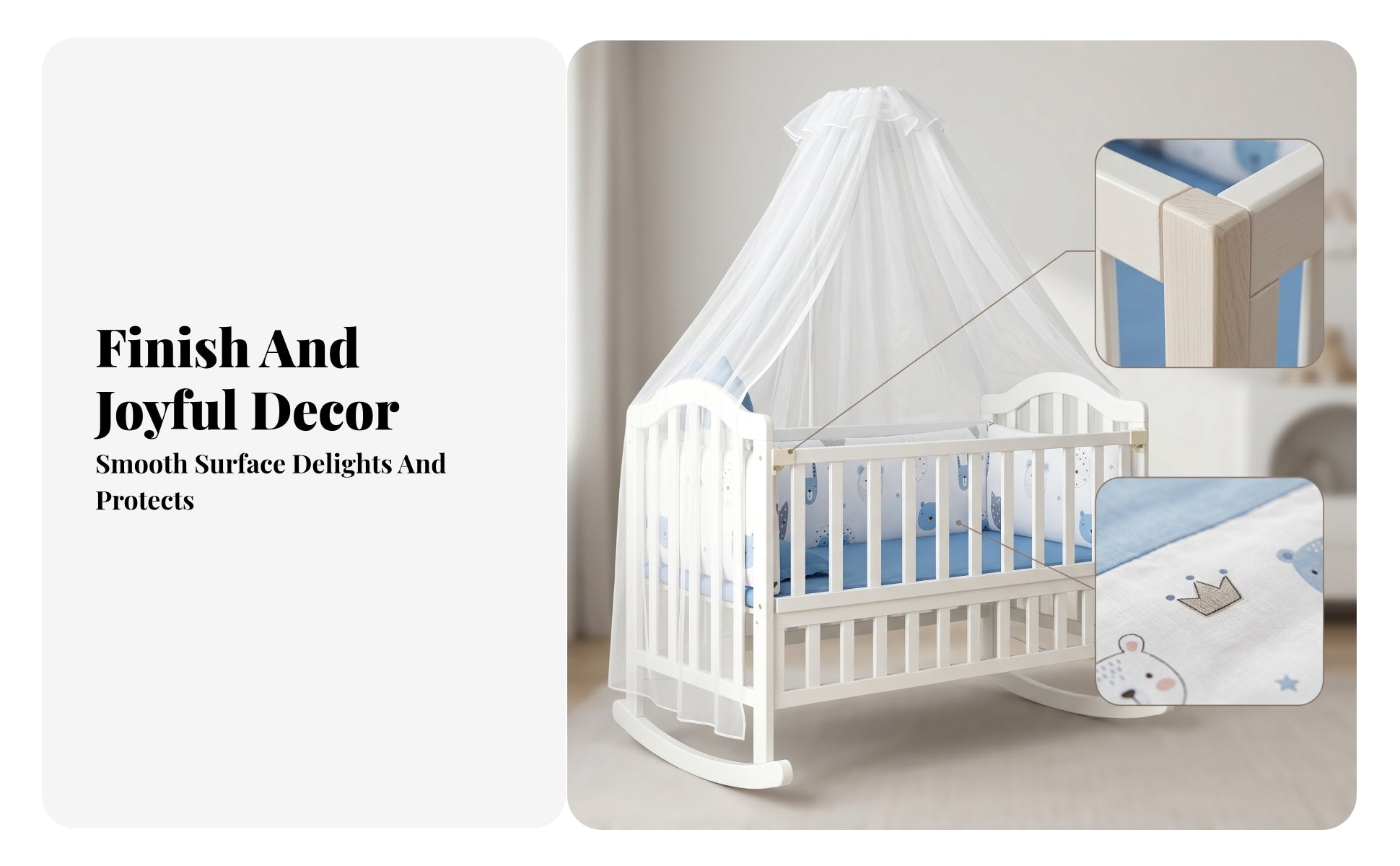 Bug Net Canopy Nursery Rocking Cradle Caster Wheels Rocking Cradle Padded Mattress for Babies, Toddlers