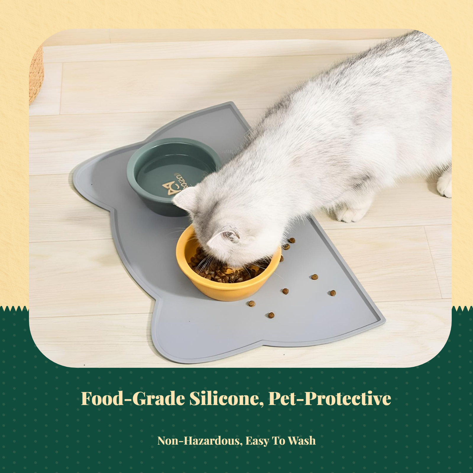 Pet Feeding Mat, Silicone Water-resistant Pet Bowl Placemat, Non-Slip, Easy to Clean, Raised Border, Prevents Spills