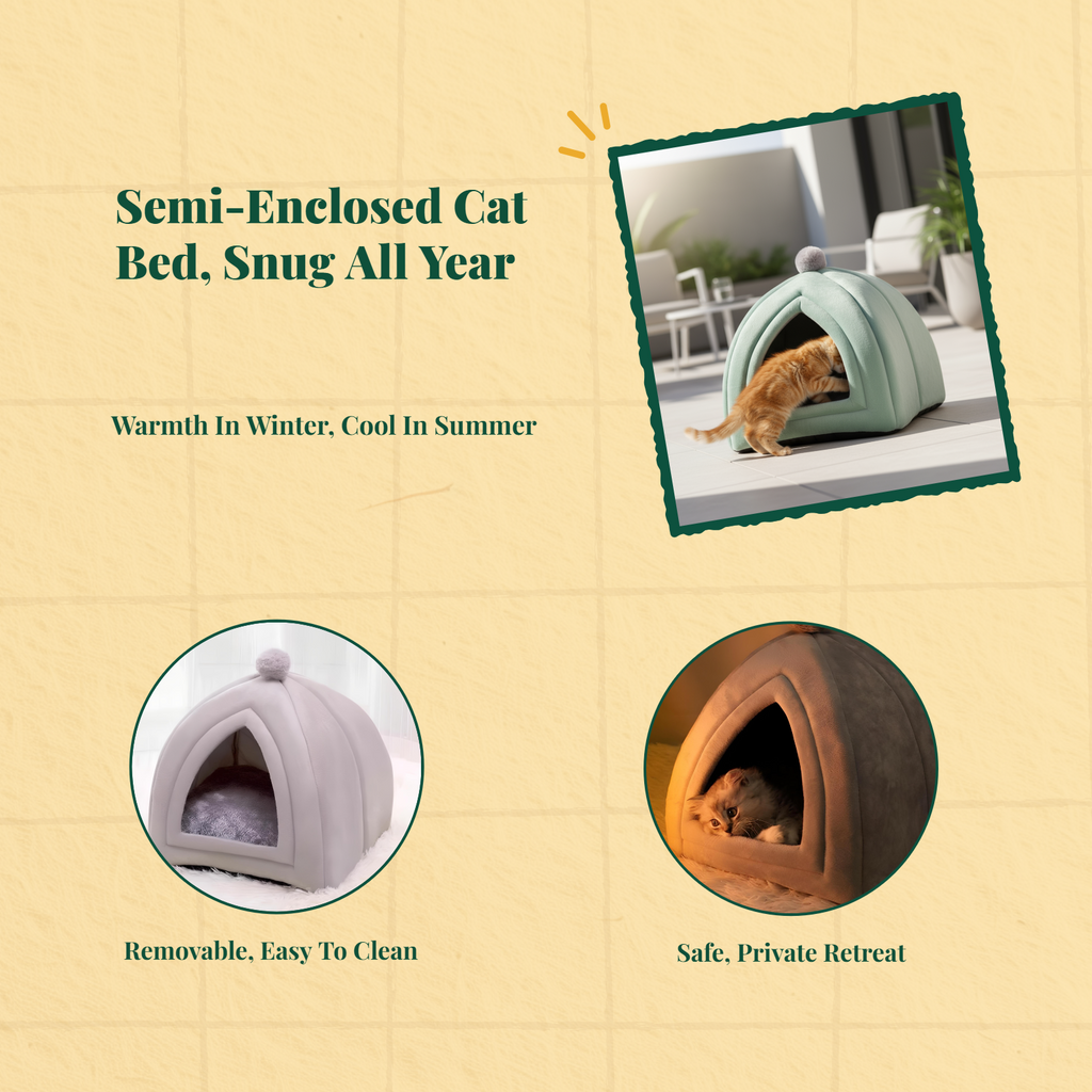 Semi-Enclosed Cat Bed, Warm Indoor Pet Cave Removable Pad