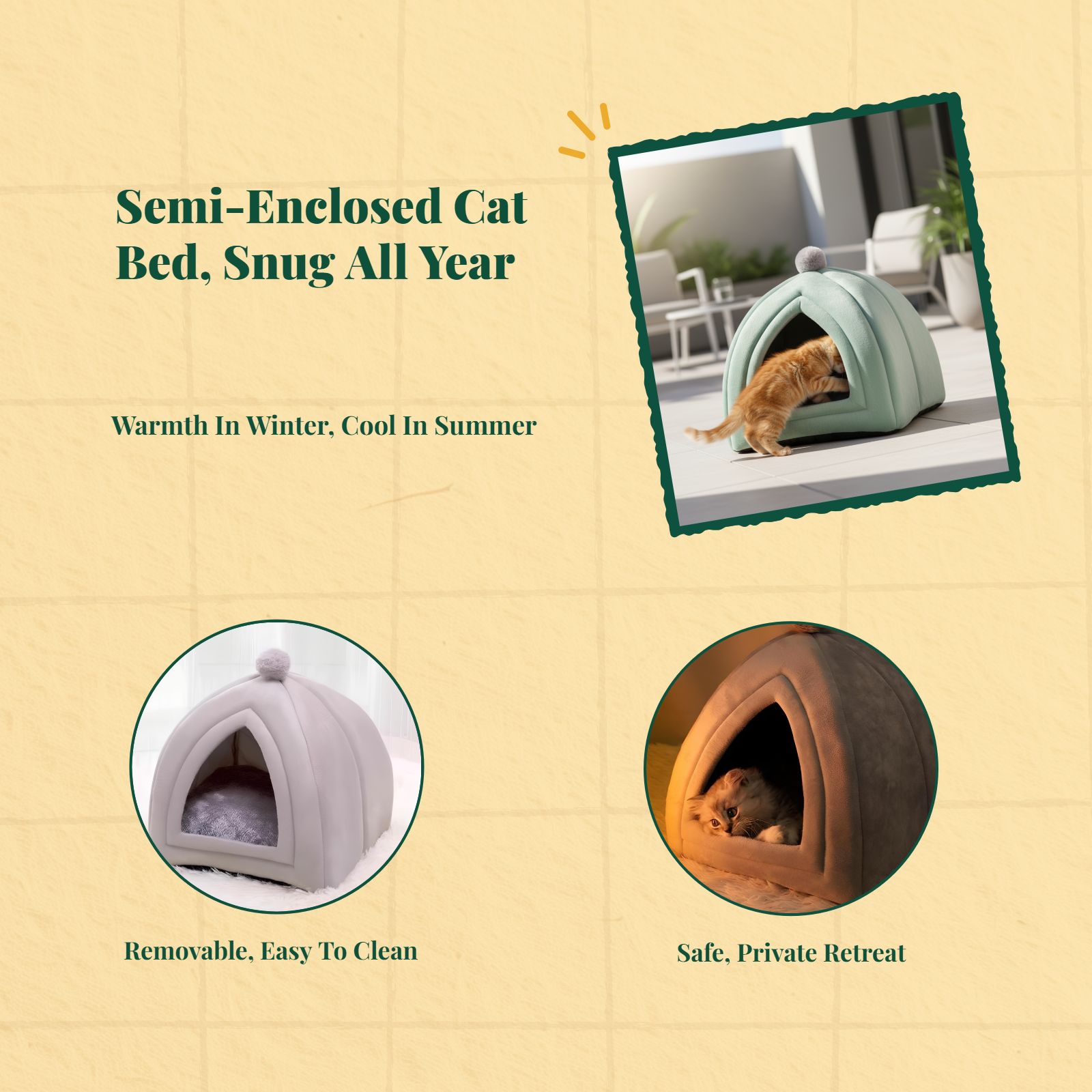 Semi-Enclosed Cat Bed, Warm Indoor Pet Cave Removable Pad