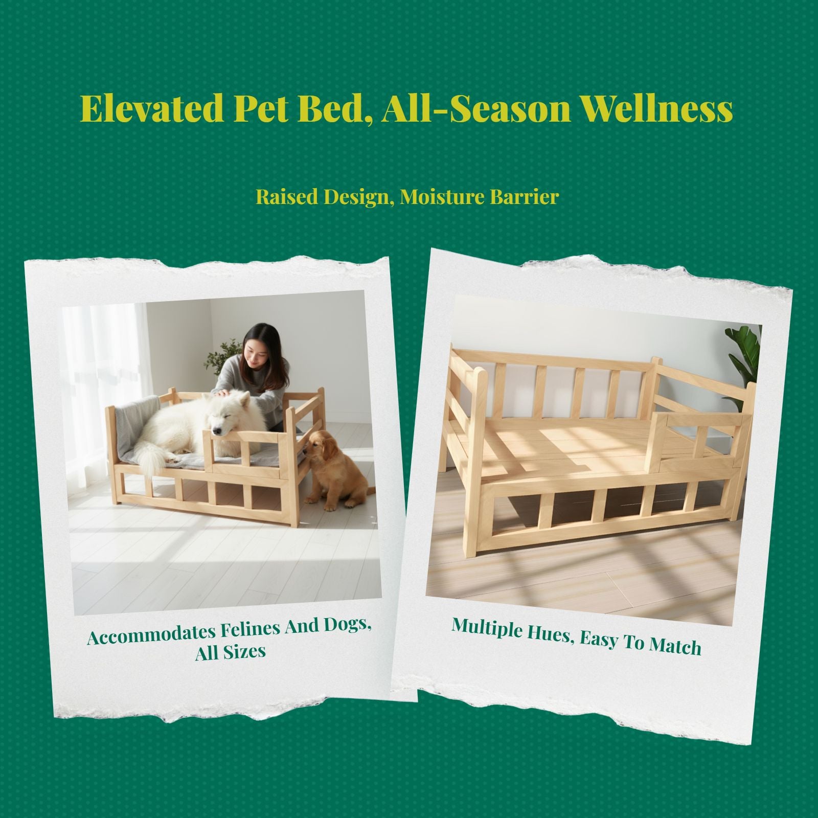 Elevated wooden pet bed, breathable