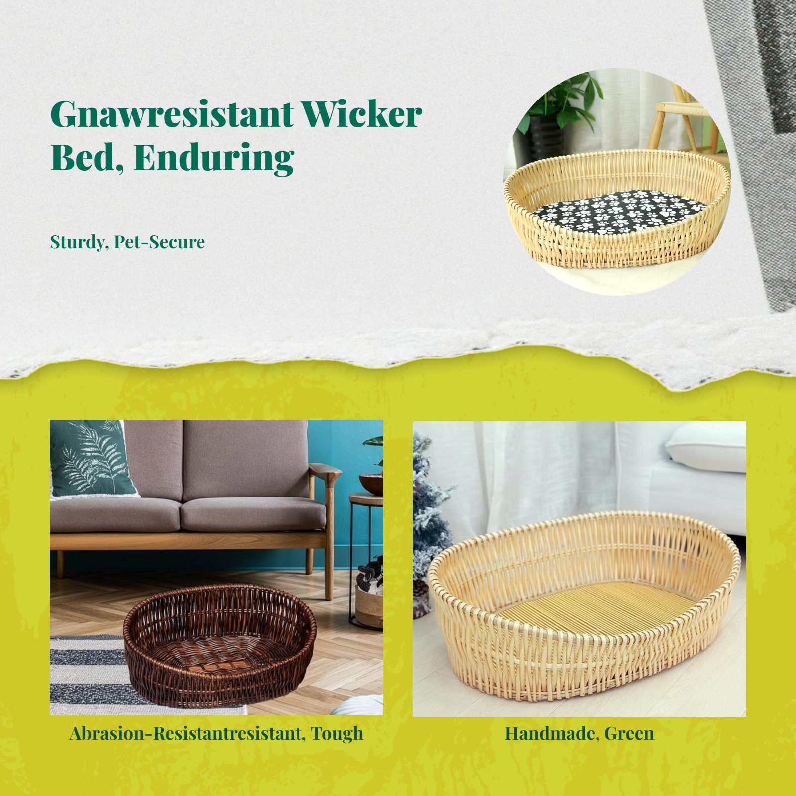 Rattan pet bed with removable, breathable pad