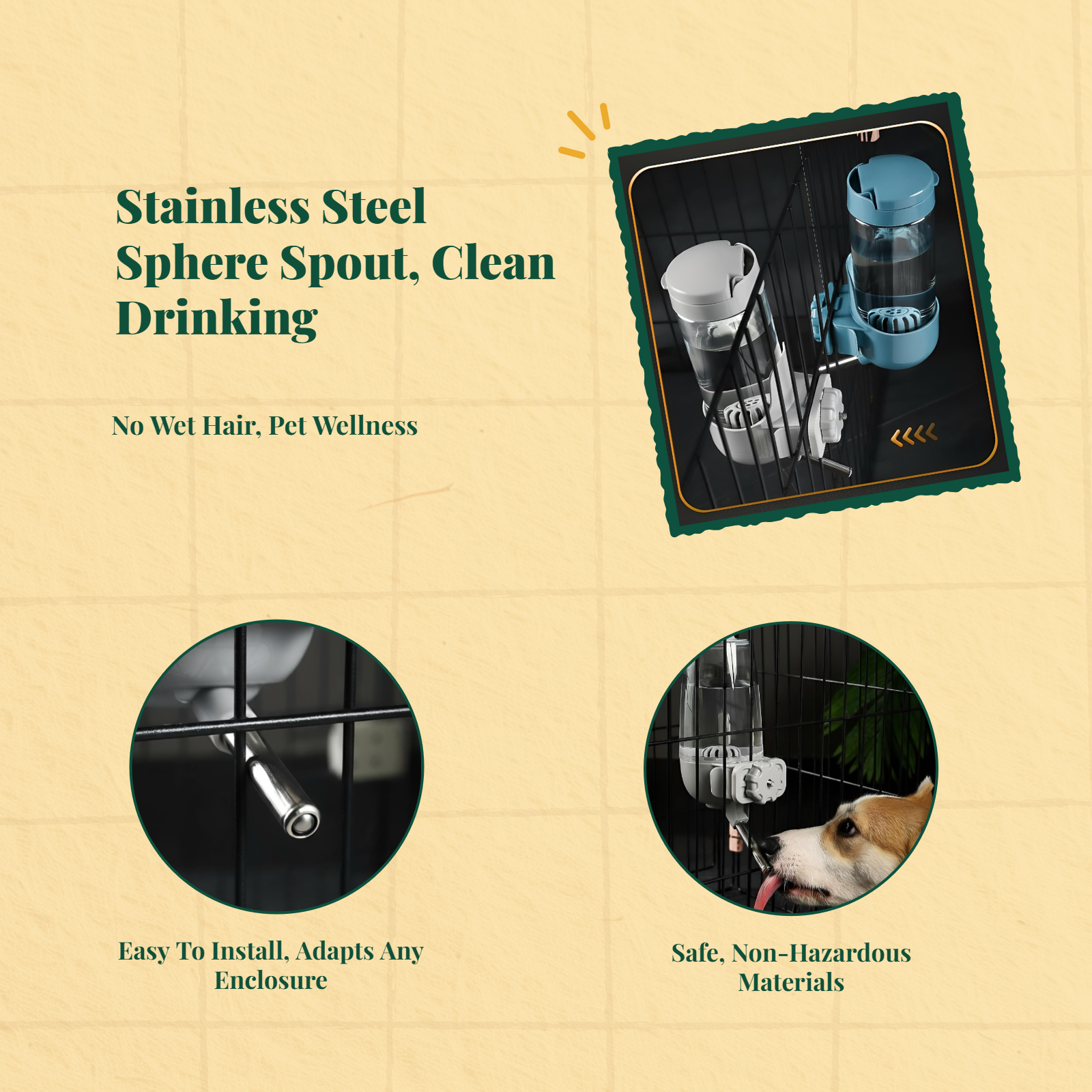 Dog Water Dispenser, Hanging Automatic Pet Water Bottle, Leak-resistant Rolling sphere Spout, Enclosure Hydration