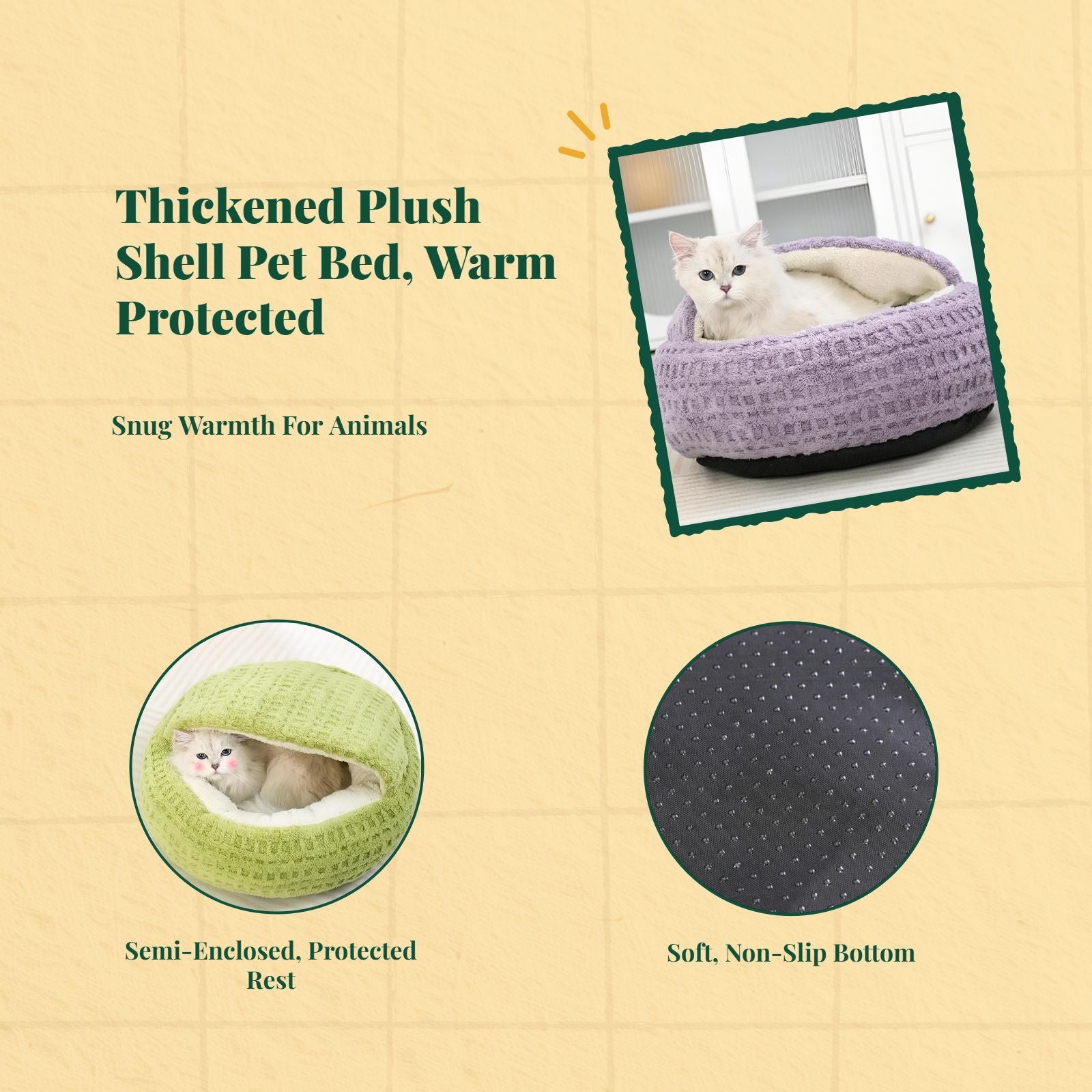 Plush semi-enclosed cat bed, warm, non-slip base, indoor use