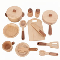 15 Pieces Pretend Play KitchenSet Brown Accents Wooden Cookware Playset Smooth Rounded Edges Kids Cooking Playset for Children