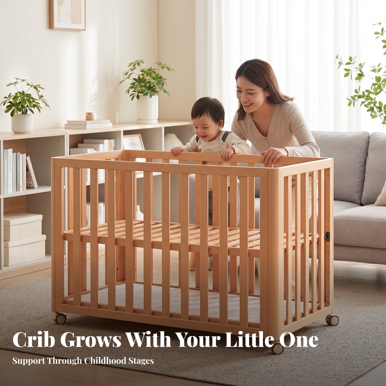 Infant Crib Beech Wood Adjustable Crib Casters for Infants, Young Children