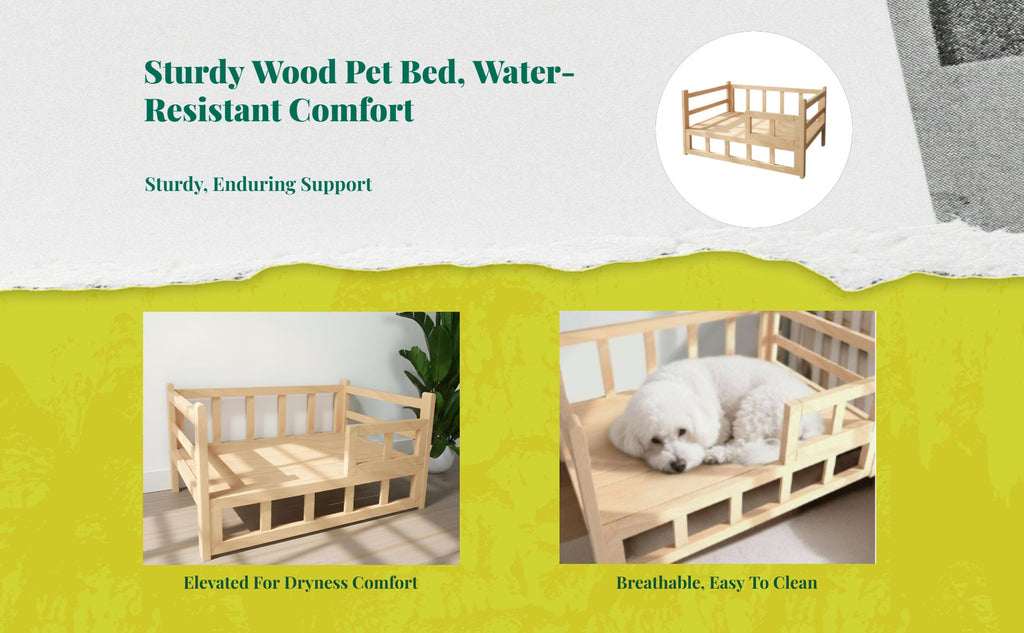 Elevated wooden pet bed, breathable