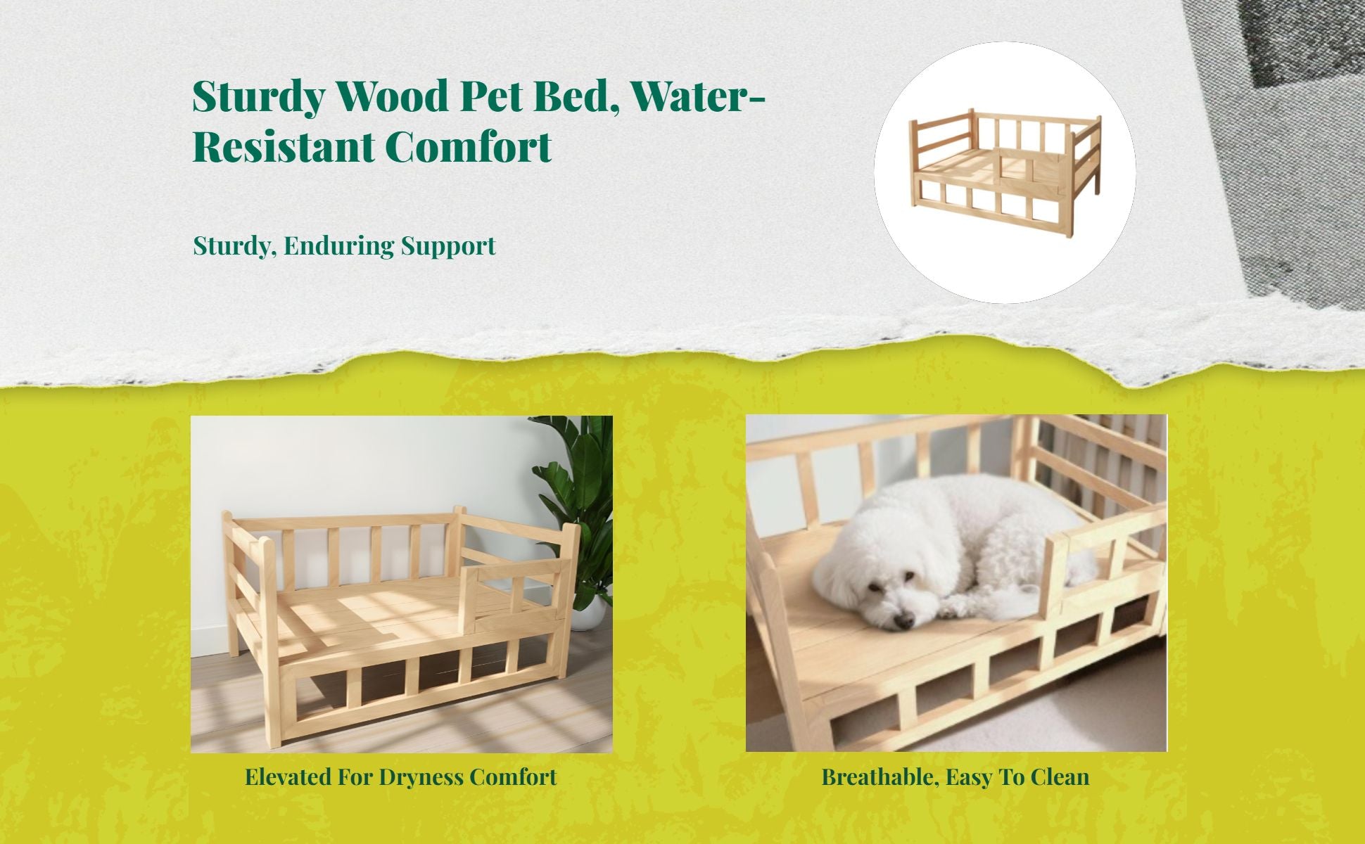 Elevated wooden pet bed, breathable